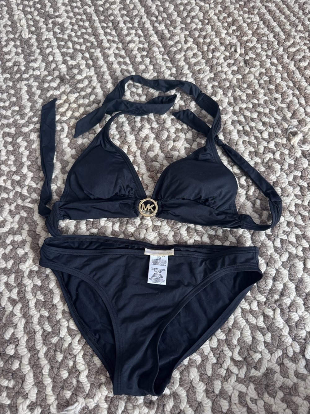 Michael Kors Black Halter Triangle Bikini with Gold MK Accent